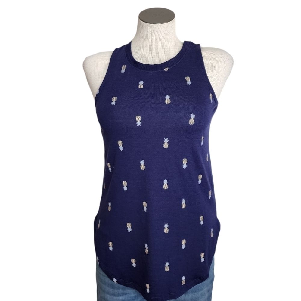 Zoe + Liv Pineapple Blue Crew Neck Wide Shoulder Strap Women's Tank Top Size XS